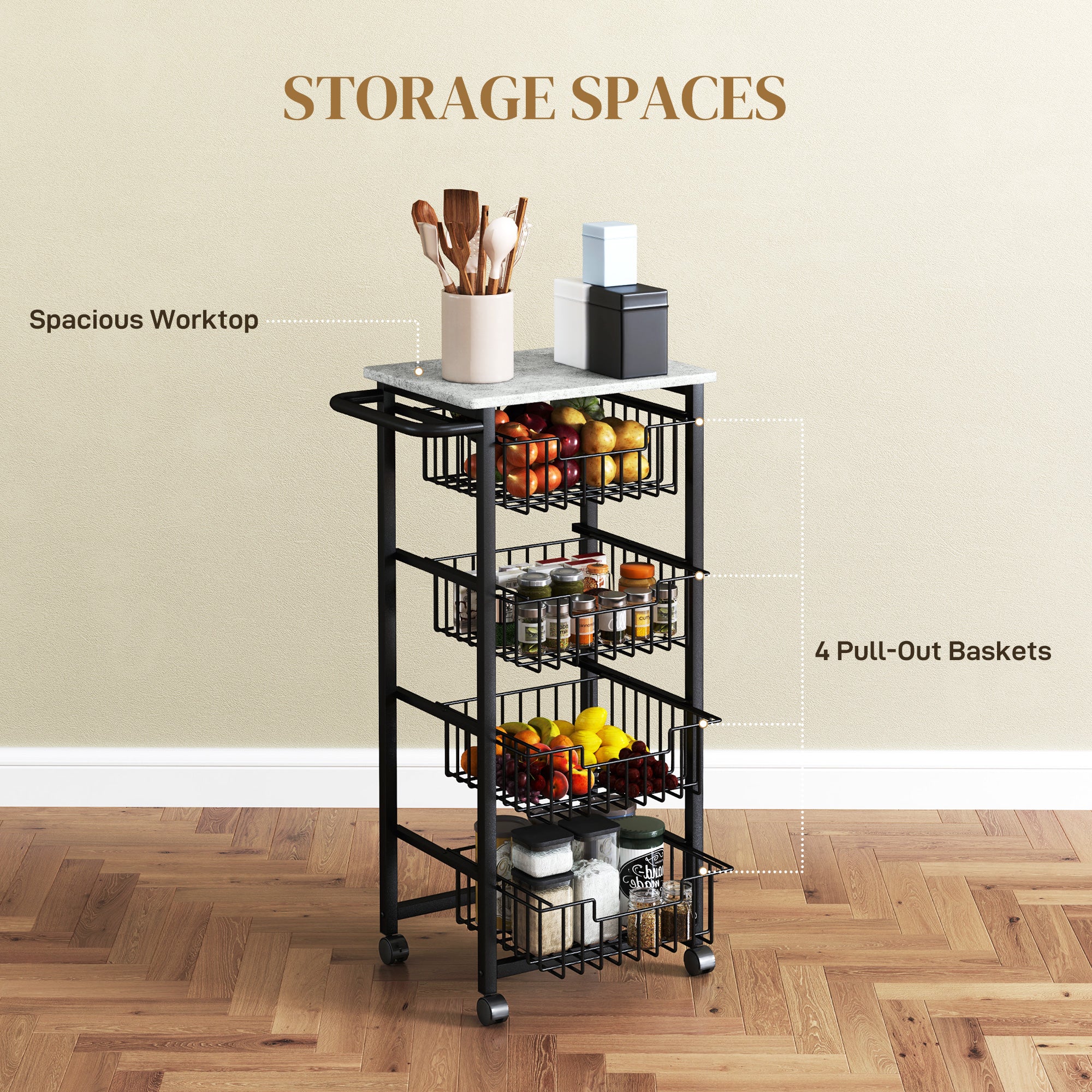 4-Basket Kitchen Storage Trolley