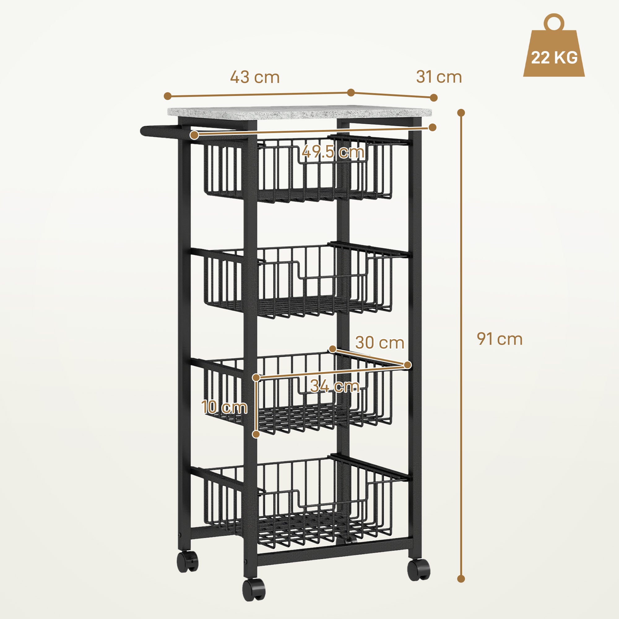 4-Basket Kitchen Storage Trolley