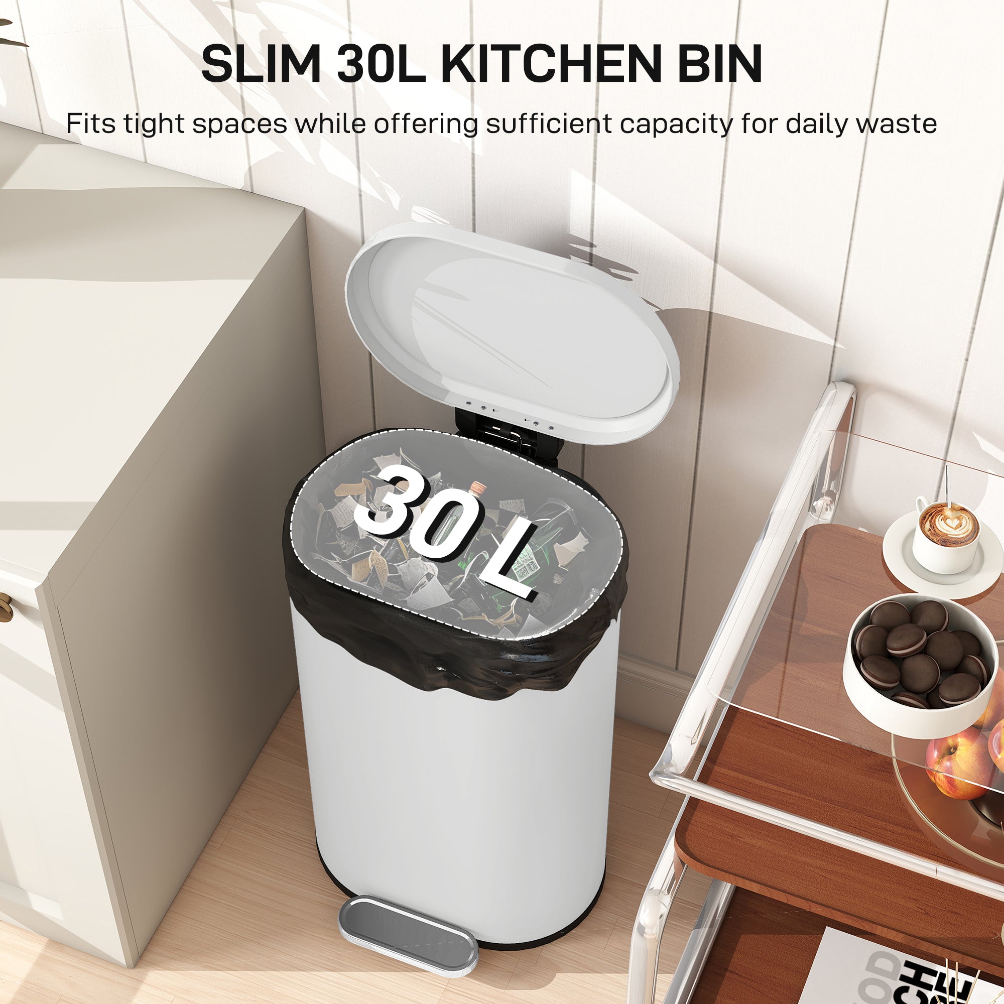30L Curved Kitchen Bin – Cream